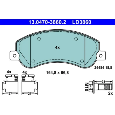 Kuva ATE Ceramic 13.0470 3860.2 Jarrupalat Kulumisenilmaisemelle, Ilman kulumisenilmaisinta Jarrusatulan ruuveilla Tarvikkeilla VOLKSWAGEN: Amarok Pick up