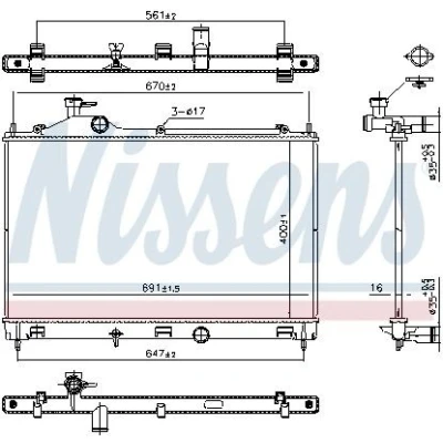 Kuva NISSENS 607027 Jäähdytin Alumiini 400mm 691mm 16mm ilman tiivisteitä nestesäiliötä, runkoa Jäähdytysrivat juotetut