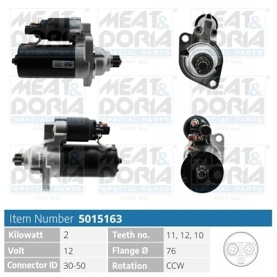 Kuva MEAT &amp; DORIA 5015163 Starttimoottori 12V 2kW 11, 12, 10 30 50 76mm VOLKSWAGEN: Transporter 5, Multivan 5 (7HM, Passat CC, SKODA: Octavia II Hatchback