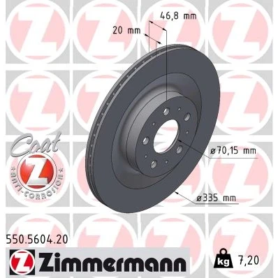 Kuva ZIMMERMANN Jarrulevy 335mm 20mm 10/5 5 aukko 114mm tuuletettu sisältä pinnoitettu hiiliteräs 550.5604.20 118863100A Jarrulevyt
