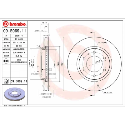 Kuva BREMBO 09.E069.11 Jarrulevyt 321 28 6 tuuletettu sisältä pinnoitettu