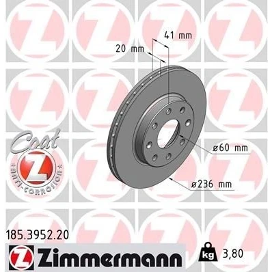 Kuva ZIMMERMANN COAT Z 185.3952.20 Jarrulevyt 236 20 8/4 4 100 tuuletettu sisältä pinnoitettu DAEWOO: Kalos Hatchback, Sedan, CHEVROLET: Spark