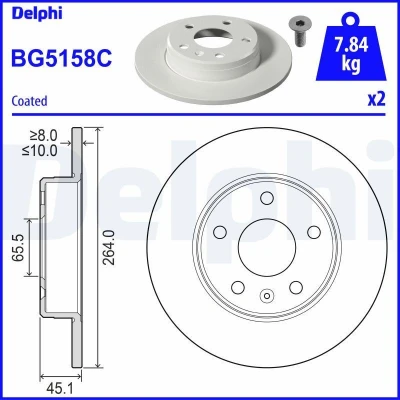 Kuva DELPHI BG5158C Jarrulevyt 264 10 5 täysi pinnoitettu käsittelemätön ilman pyöränlaakeria, ABS sensorirengasta OPEL: Zafira B