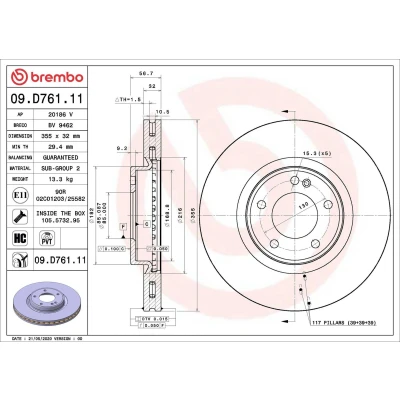 Kuva BREMBO 09.D761.11 Jarrulevyt 355 32 5 tuuletettu sisältä pinnoitettu hiiliteräs Ruuveilla