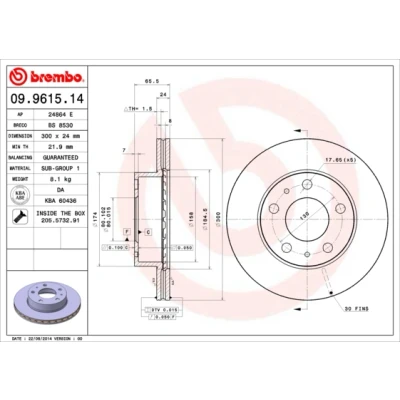 Kuva BREMBO 09.9615.14 Jarrulevyt 300 24 5 tuuletettu sisältä Ruuveilla