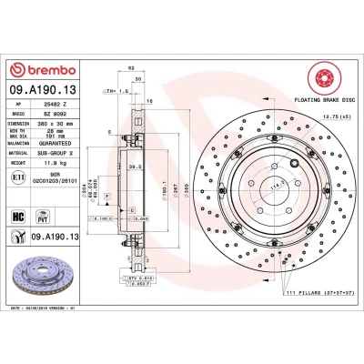 Kuva BREMBO TWO PIECE FLOATING DISCS LINE 09.A190.13 Jarrulevyt 380 30 5 rei&#039;itetty/tuuletettu sisältä, kaksiosainen jarrulevy pinnoitettu hiiliteräs