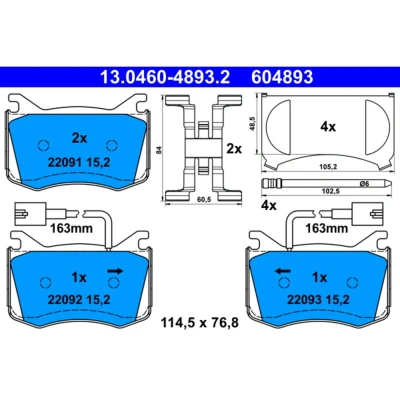 Kuva ATE 13.0460 4893.2 Jarrupalat kulumisvaroitinkoskettimella Huudonvaimennuspellillä Tarvikkeilla ALFA ROMEO: Giulia Sedan