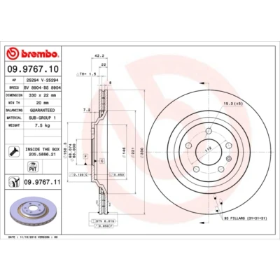 Kuva BREMBO COATED DISC LINE 09.9767.11 Jarrulevyt 330 22 5 tuuletettu sisältä pinnoitettu Ruuveilla AUDI: A6 C6 Allroad, Avant, Sedan