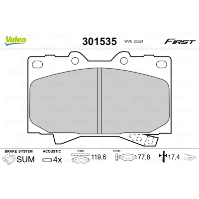 Kuva VALEO 301535 Jarrupalat FIRST Etuakseli Sis. kulumisenilmaisimen ilman huudonvaimennuspeltiä TOYOTA: Land Cruiser 100, Prado 70 SUV