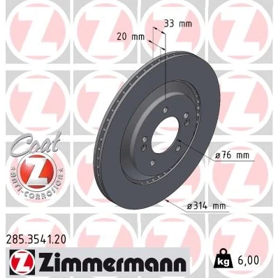 Kuva ZIMMERMANN Jarrulevy HYUNDAI: Kona SUV, i30 III Fastback, Hatchback 314mm 20mm 7/5 5 aukko 114mm Tuuletettu, ulko pinnoitettu 285.3541.20
