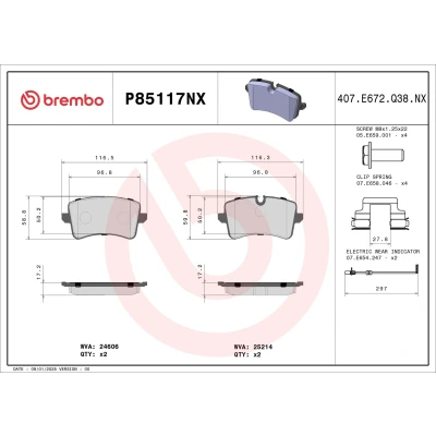 Kuva BREMBO P85117NX Jarrupalat Sis. kulumisenilmaisimen Jarrusatulan ruuveilla, Huudonvaimennuspellillä Tarvikkeilla