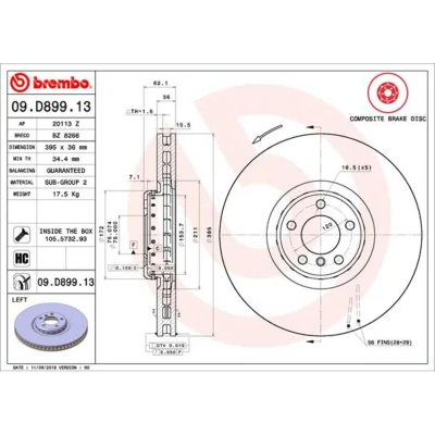 Kuva BREMBO 09.D899.13 Jarrulevyt 395 36 5 tuuletettu sisältä, kaksiosainen jarrulevy pinnoitettu hiiliteräs Ruuveilla BMW: X5, X6