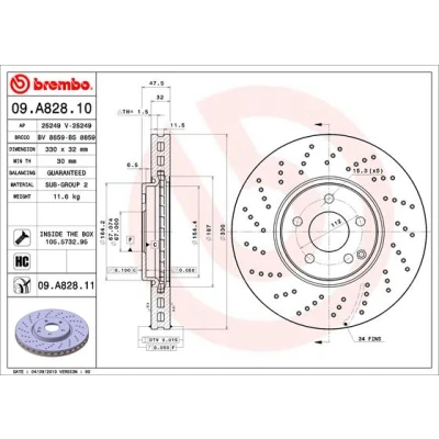 Kuva BREMBO COATED DISC LINE 09.A828.11 Jarrulevyt 330 32 5 rei&#039;itetty/tuuletettu sisältä pinnoitettu hiiliteräs Ruuveilla MERCEDES BENZ: E sarja T modell