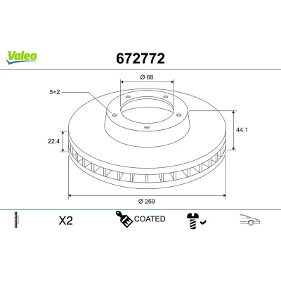 Kuva VALEO Jarrulevy RENAULT: Megane 4, DACIA: Duster SUV, II Etuakseli 269mm 22,4mm 5 aukko Tuuletettu pinnoitettu 672772 402066300R