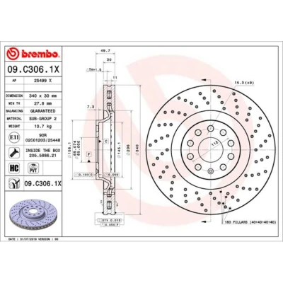 Kuva BREMBO 09.C306.1X Jarrulevyt 340 30 9 rei&#039;itetty/tuuletettu sisältä pinnoitettu hiiliteräs Ruuveilla VOLKSWAGEN: Golf 7, 7 Variant