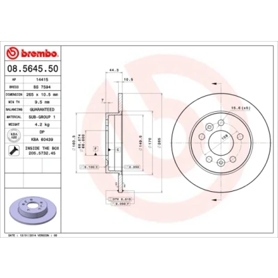 Kuva BREMBO 08.5645.50 Jarrulevyt 265 10,5 5 täysi Ruuveilla