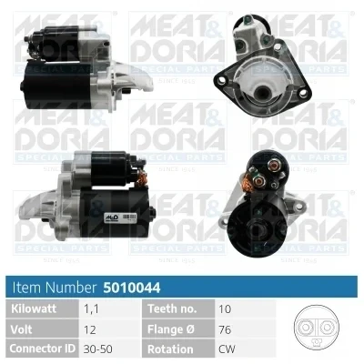 Kuva MEAT &amp; DORIA 5010044 Starttimoottori 12V 1,1kW 10 30 50 76mm FORD: FOCUS 2 Kombi, FIESTA 6, 3, VOLVO: S40 II, V50