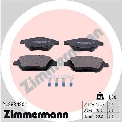 Kuva ZIMMERMANN 24883.180.1 Jarrupalat Ruuveilla Valokuva vastaa toimituslaajuutta CITROËN: C3 II, DS3 Hatchback, Picasso, PEUGEOT: 2008 Farmari