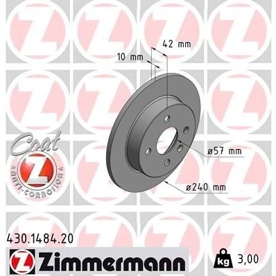 Kuva ZIMMERMANN COAT Z 430.1484.20 Jarrulevyt 240 10 5/4 4 100 täysi pinnoitettu hiiliteräs OPEL: Astra H Hatchback, Caravan, G CC