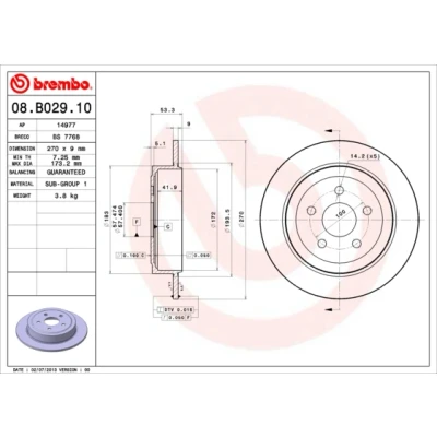 Kuva BREMBO 08.B029.10 Jarrulevyt 270 9 5 täysi CHRYSLER: Sebring II Sedan, NEON 2, PT Cruiser Farmari
