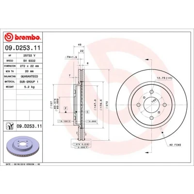 Kuva BREMBO 09.D253.11 Jarrulevyt 272 22 4 tuuletettu sisältä pinnoitettu SUZUKI: SWIFT