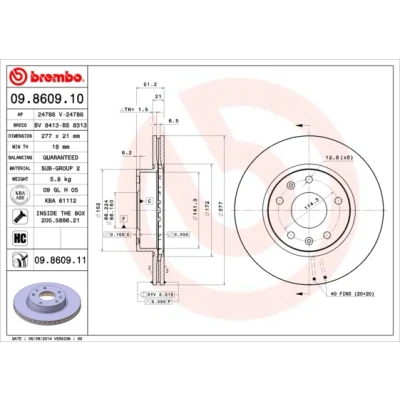 Kuva BREMBO COATED DISC LINE 09.8609.11 Jarrulevyt 277 21 5 tuuletettu sisältä pinnoitettu Ruuveilla LAND ROVER: Freelander I SUV
