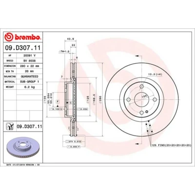 Kuva BREMBO 09.D307.11 Jarrulevyt 280 22 4 tuuletettu sisältä pinnoitettu