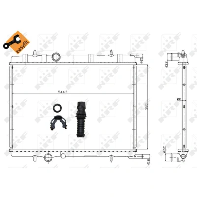 Kuva NRF EASY FIT 58308 Jäähdytin Alumiini 563 379 29 asennusosilla Jäähdytysrivat juotetut CITROËN: C4 I Hatchback, Xsara Coupe, Hatchback