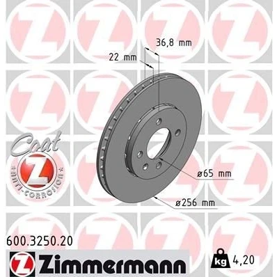Kuva ZIMMERMANN COAT Z 600.3250.20 Jarrulevyt 256 22 5/4 4 100 Tuuletettu, ulko pinnoitettu hiiliteräs SKODA: Citigo, VOLKSWAGEN: up! Hatchback