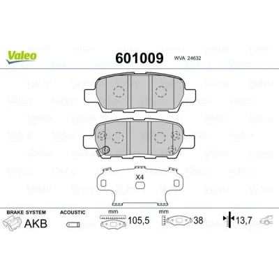 Kuva VALEO 601009 Jarrupalat Taka akseli Sis. kulumisenilmaisimen Huudonvaimennuspellillä NISSAN: Qashqai / Qashqai+2 I, Juke, X Trail, RENAULT: Koleos I