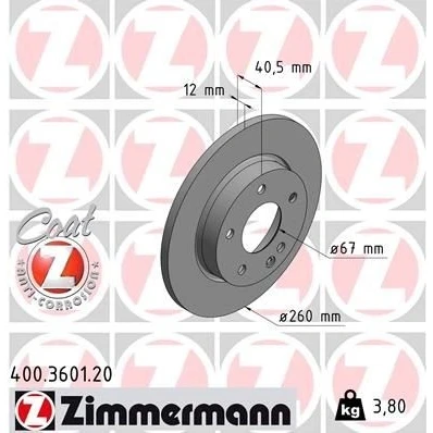 Kuva ZIMMERMANN COAT Z 400.3601.20 Jarrulevyt 260 12 6/5 5 112 täysi pinnoitettu MERCEDES BENZ: A sarja