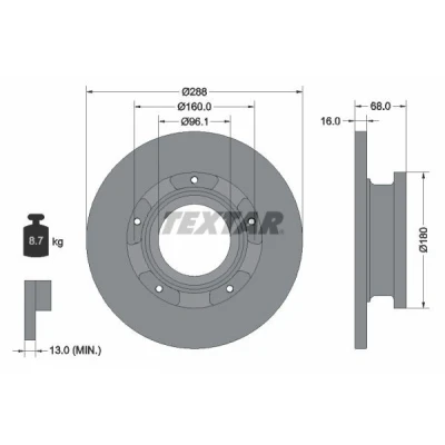 Kuva TEXTAR PRO 93260703 Jarrulevyt 288 16 05/05 160 täysi pinnoitettu ABS sensorirenkaalla, Ilman pyöränkiinnityspultteja FORD: Tourneo Custom V362 Bussi