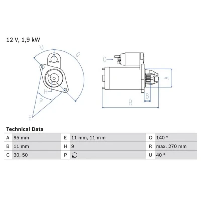 Kuva BOSCH 0 986 016 740 Starttimoottori 12V 1,9kW 9 50, 30 links 95mm NISSAN: TERRANO 2