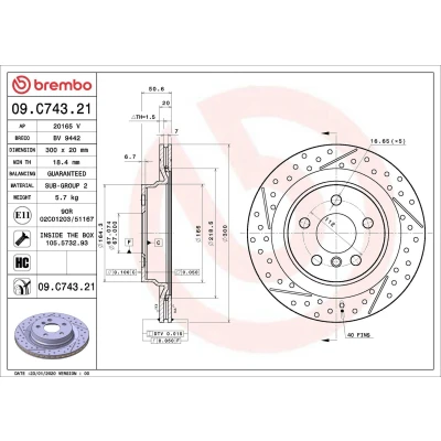 Kuva BREMBO 09.C743.21 Jarrulevyt 300 20 5 tuuletettu sisältä, uritettu/rei&#039;itetty pinnoitettu hiiliteräs Ruuveilla MINI: Clubman