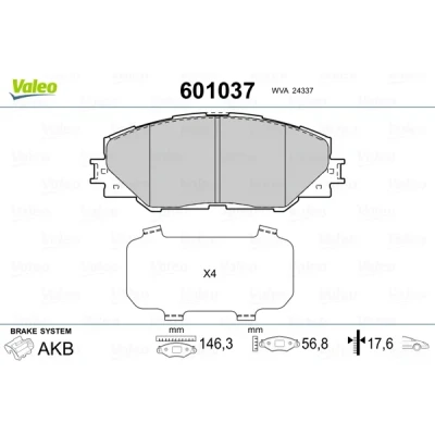 Kuva VALEO 601037 Jarrupalat Etuakseli Ilman kulumisenilmaisinta Huudonvaimennuspellillä TOYOTA: RAV4 III SUV, Auris Hatchback, IV SUV