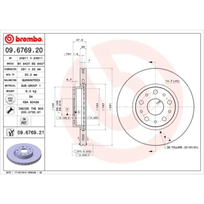 Kuva BREMBO COATED DISC LINE 09.6769.21 Jarrulevyt 281 22 5 tuuletettu sisältä pinnoitettu Ruuveilla LANCIA: Thesis