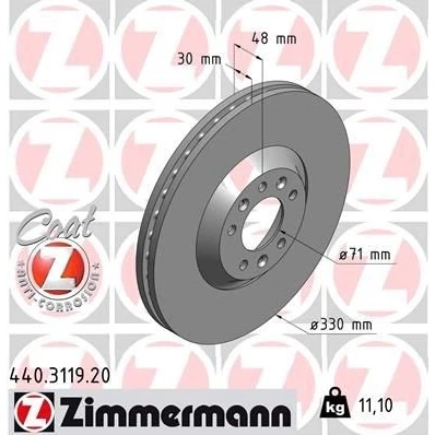 Kuva ZIMMERMANN COAT Z 440.3119.20 Jarrulevyt 330 30 8/5 5 108 Tuuletettu, ulko pinnoitettu PEUGEOT: 607 Sedan, 407 SW, CITROËN: C5 3, C6 Sedan