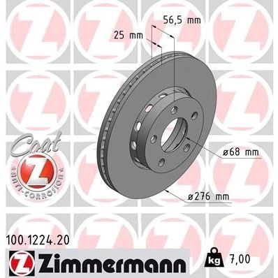 Kuva ZIMMERMANN COAT Z 100.1224.20 Jarrulevyt 276 25 5/5 5 112 Tuuletettu, ulko pinnoitettu AUDI: 80 B4 Sedan, Coupe B3, Avant