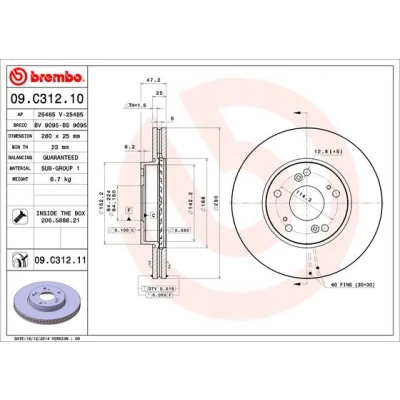 Kuva BREMBO COATED DISC LINE 09.C312.11 Jarrulevyt 280 25 5 tuuletettu sisältä pinnoitettu Ruuveilla HONDA: CIVIC 8, 9