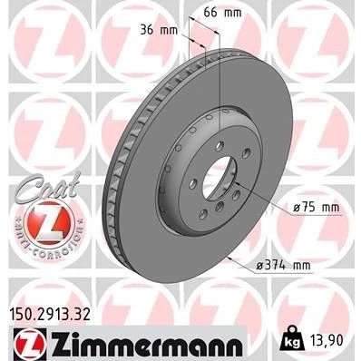 Kuva ZIMMERMANN FORMULA F COAT Z 150.2913.32 Jarrulevyt 374 36 6/5 5 120 tuuletettu sisältä, kaksiosainen jarrulevy pinnoitettu hiiliteräs BMW: Sedan