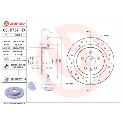 Kuva BREMBO Jarrulevy OPEL: Astra K Sports Tourer, Hatchback 288mm 12mm 5 täysi, reijitetty pinnoitettu 08.D757.1X 13509120,13515914 Jarrulevyt