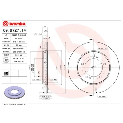 Kuva BREMBO 09.9727.14 Jarrulevyt 310 22 5 tuuletettu sisältä SUZUKI: Grand Vitara 1 SUV, 2 SUV