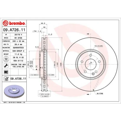 Kuva BREMBO COATED DISC LINE 09.A726.11 Jarrulevyt 330 32 5 tuuletettu sisältä pinnoitettu hiiliteräs Ruuveilla MERCEDES BENZ: E sarja T modell