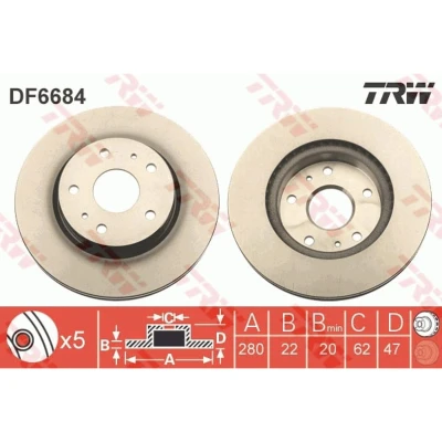 Kuva TRW DF6684 Jarrulevyt 280 22 5 114,3 Tuuletettu Lakattu SUZUKI: SX4 I Hatchback