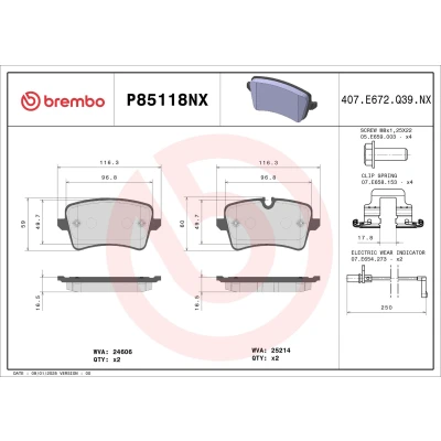 Kuva BREMBO P85118NX Jarrupalat Sis. kulumisenilmaisimen Jarrusatulan ruuveilla, Huudonvaimennuspellillä Tarvikkeilla