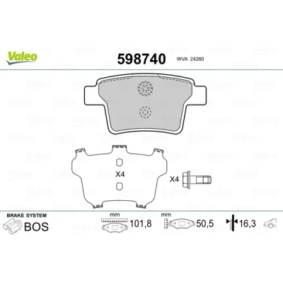 Kuva VALEO 598740 Jarrupalat Taka akseli Ilman kulumisenilmaisinta varmistusruuvisarjalla, Huudonvaimennuspellillä FORD: MONDEO 3 Kombi