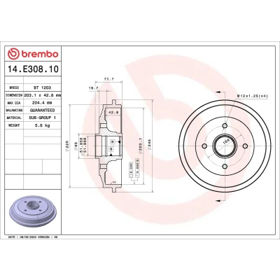 Kuva BREMBO 14.E308.10 Jarrurumpu ilman pyöränlaakerisarjaa 203,1 PEUGEOT: 206 Hatchback, CITROËN: C3 I Hatchback