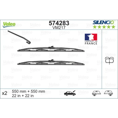 Kuva Pyyhkijänsulka Valeo Silencio, Silencio Conventional Set 574283 Edessä Tavallinen sisäänrakennetulla suuttimella PEUGEOT: 405 I Sedan, II Sedan