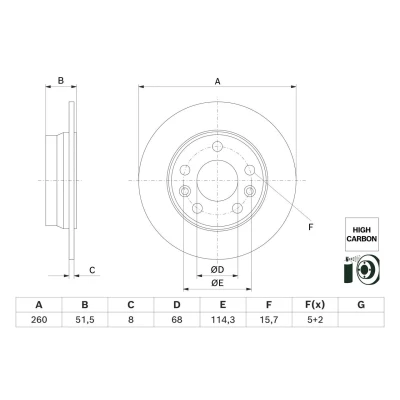 Kuva BOSCH Jarrulevy RENAULT: Megane 4 260mm 8mm 5 114,3mm täysi pinnoitettu hiiliteräs 0 986 479 H61 440A06575R Jarrulevyt
