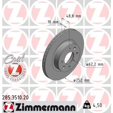 Kuva ZIMMERMANN COAT Z 285.3510.20 Jarrulevyt 252 18 6/4 4 100 tuuletettu sisältä pinnoitettu KIA: Picanto I, HYUNDAI: i10 II Hatchback